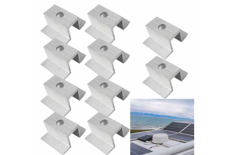 Bộ 10 kẹp giữ bằng hợp kim nhôm cho khung tấm pin mặt trời, phù hợp với chiều cao từ 25–50 mm, dùng để tiếp cận/ lắp đặt.