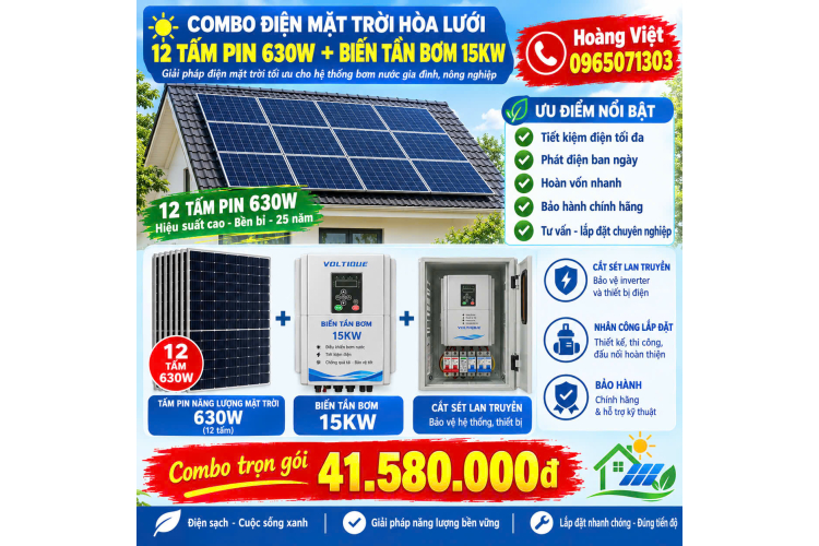 Combo - Biến Tần 15kw - 12 Tấm Pin 630W